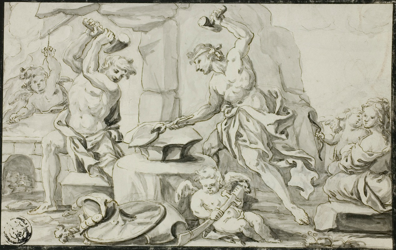 Vulcan Making Arms for Achilles, while Venus and Cupid Look On — Abraham Drentwett the Elder