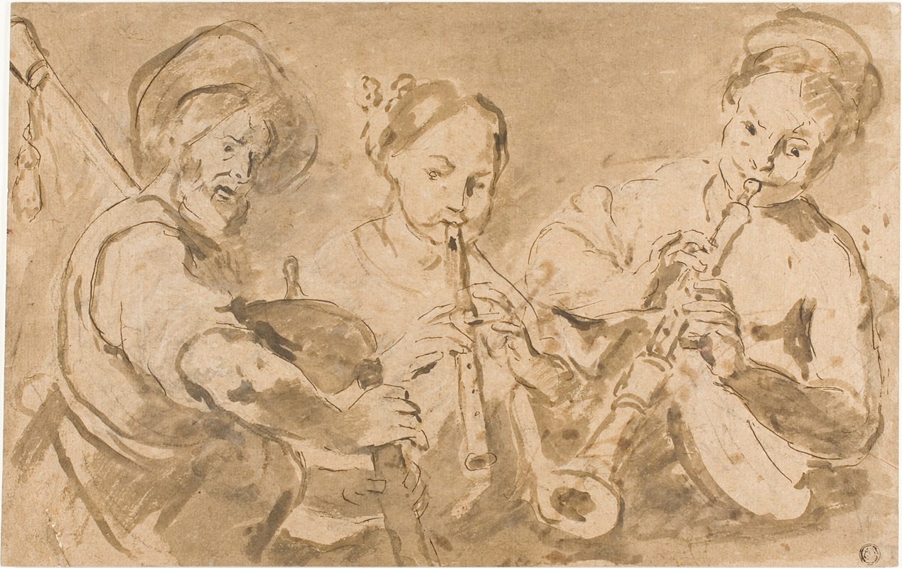 Three Musicians Playing Horns and Pipe by After Bernardo Strozzi — digital art print download