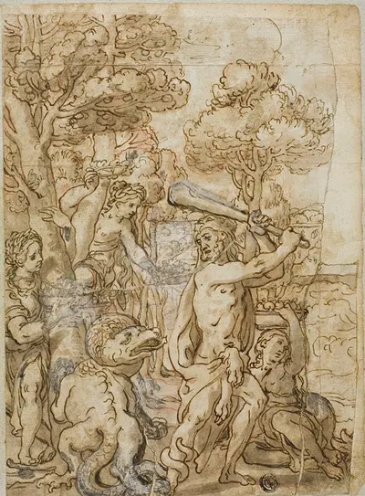 Hercules Slaying the Serpent Ladon in the Garden of the Hesperides by Andrea Lilio — digital art print download