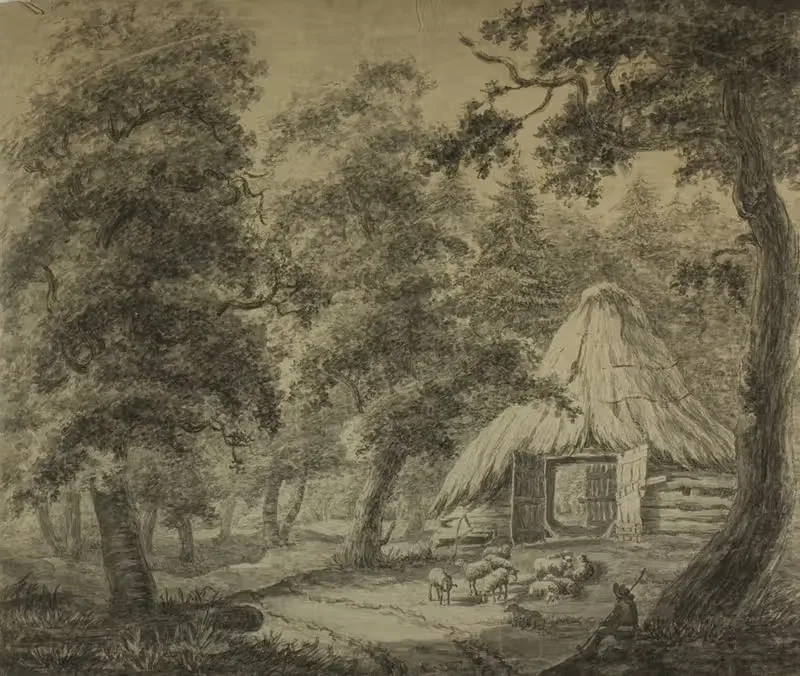 Thatched Hut in Woods with Shepherd and Sheep — Antonie Waterloo