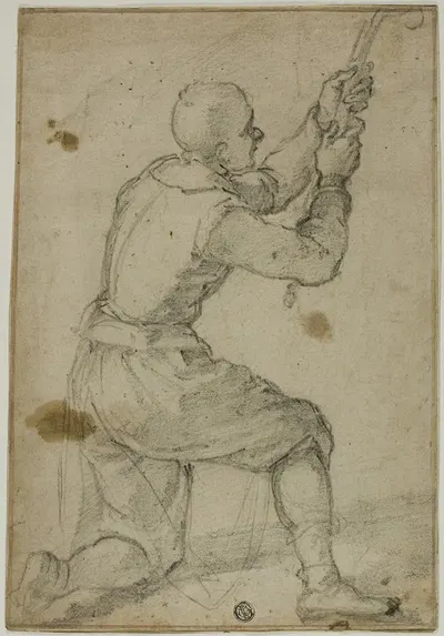 Man on Bended Knee, Pulling on Rope by Bernardino Poccetti, c. 1604 — digital art print download