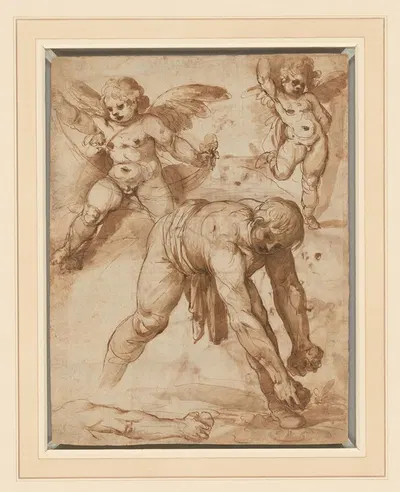 Studies of a Figure Bending Over, Two Putti, and an Arm by Cesare Rossetti — digital art print download