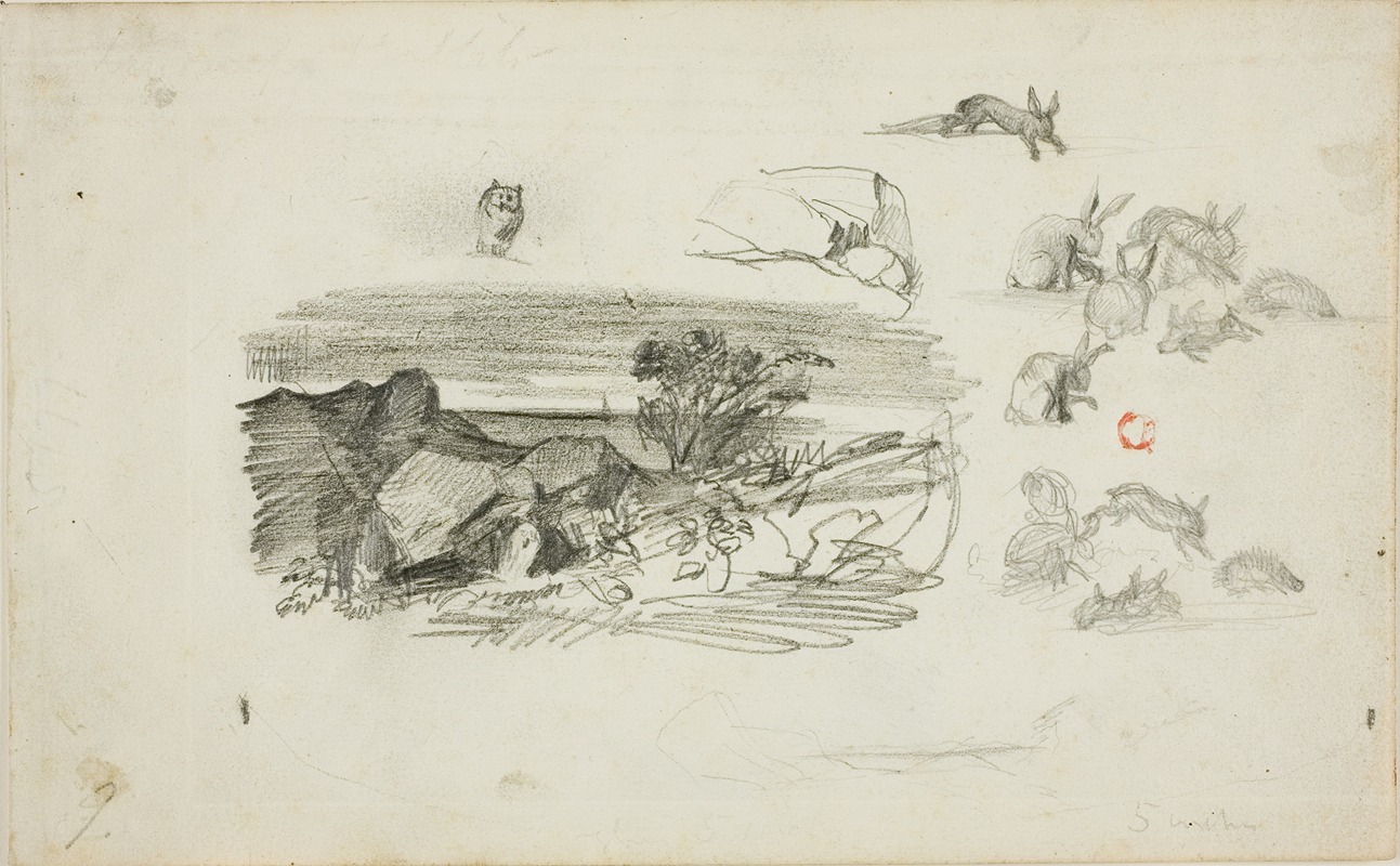 Sketches; Rocky Setting and Rabbits by Шарль Франсуа Дюбини — digital art print download