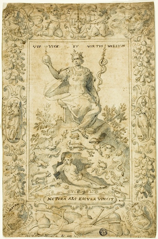 Design for Emblematic Frontispiece; 'Natura Ars Emula Vincit' by Circle of Giovanni Guerra — digital art print download