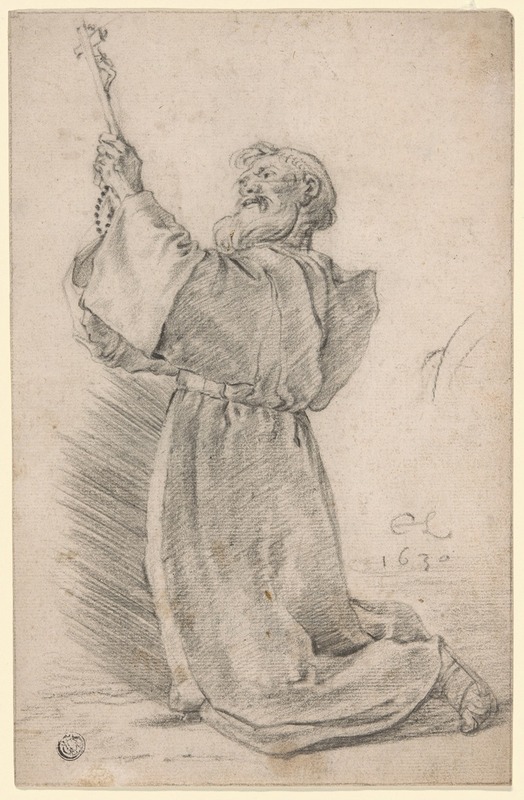 Kneeling Monk Holding a Crucifix by Корнелис Сафтлевен, 1630 — digital art print download