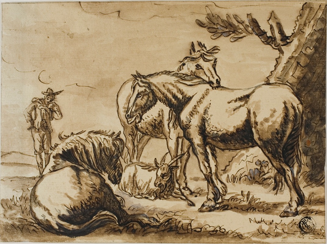 Horses, Goat and a Man by Dirck Stoop — digital art print download