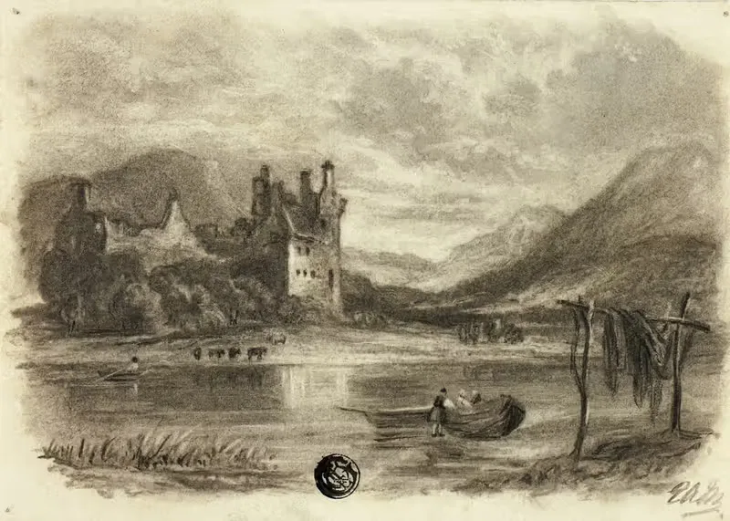 Fishermen Drying Nets before Castle by Elizabeth Murray, c. 1855 — digital art print download