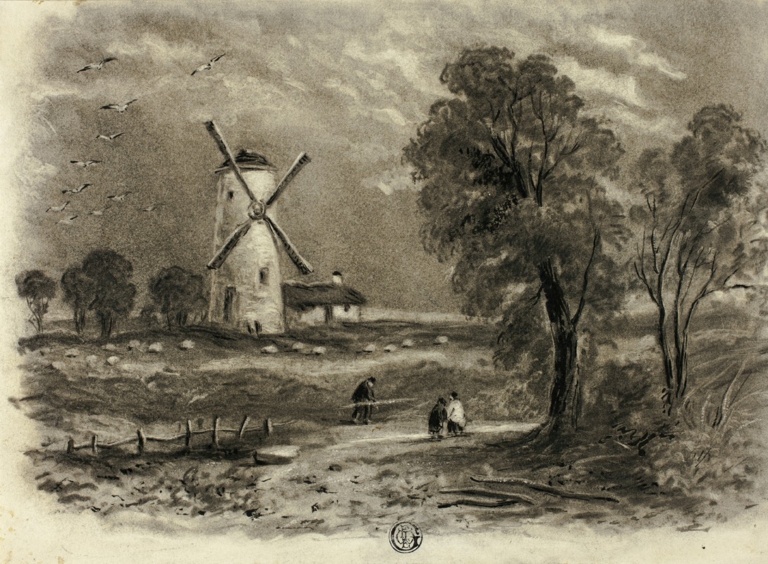 Пейзаж с ветряной мельницей by Элизабета Мюррей, 1850 — digital art print download