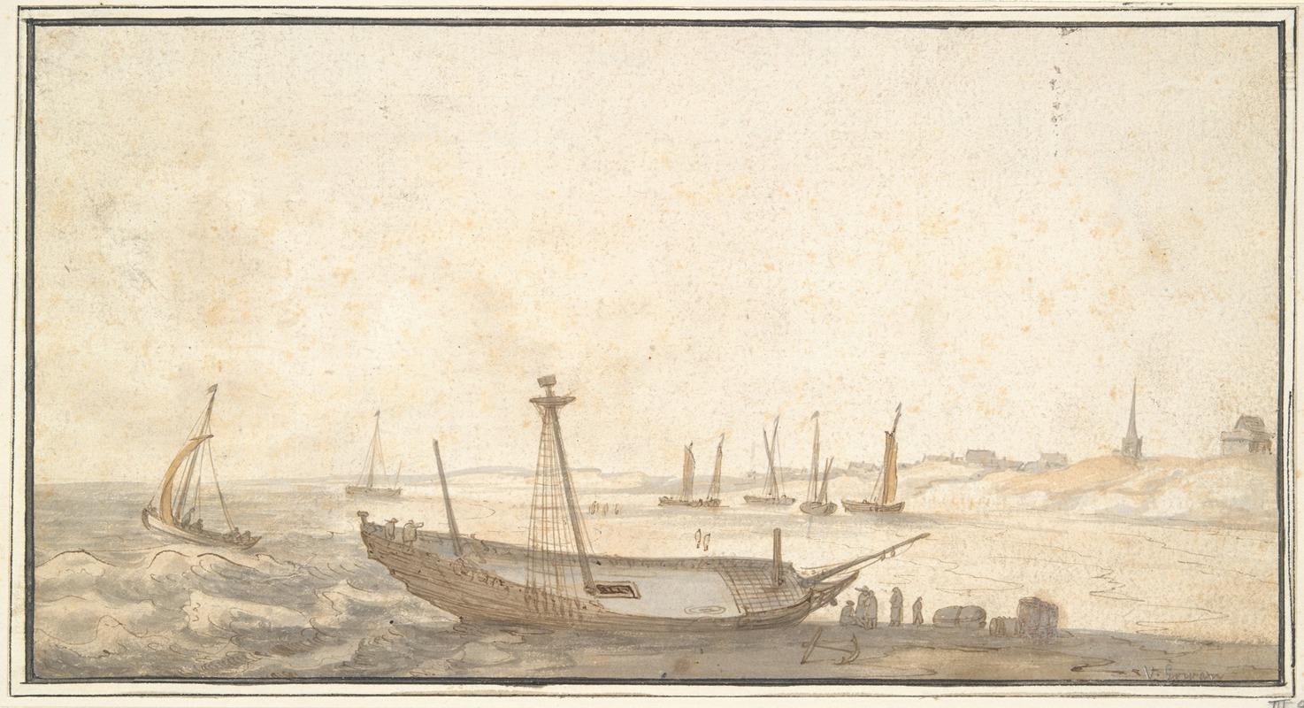 Beach with Ships near Scheveningen by Абрахам де Вервер — digital art print download
