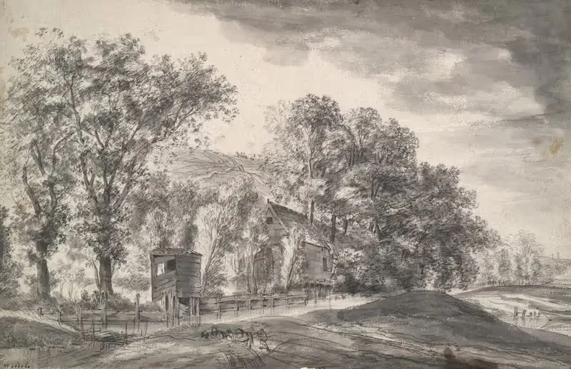 Trees and cottages in hilly landscape — Antonie Waterloo