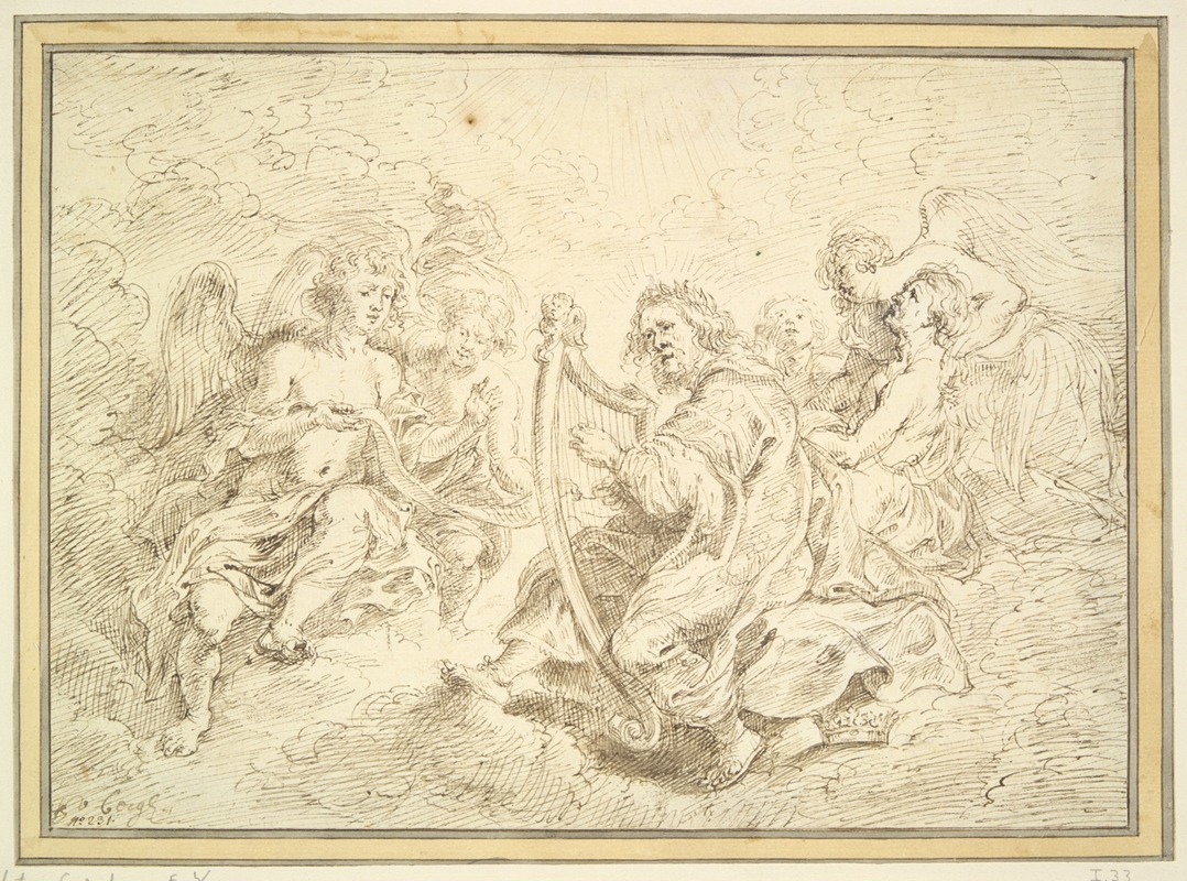 King David Playing the Harp Accompanied By Singing Angels — Matthys van den Bergh