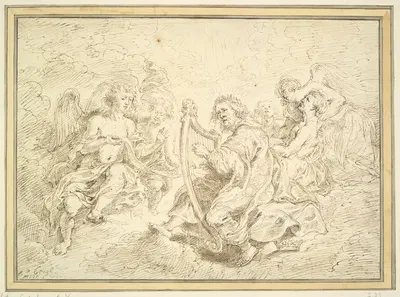 King David Playing the Harp Accompanied By Singing Angels by Matthys van den Bergh — digital art print download