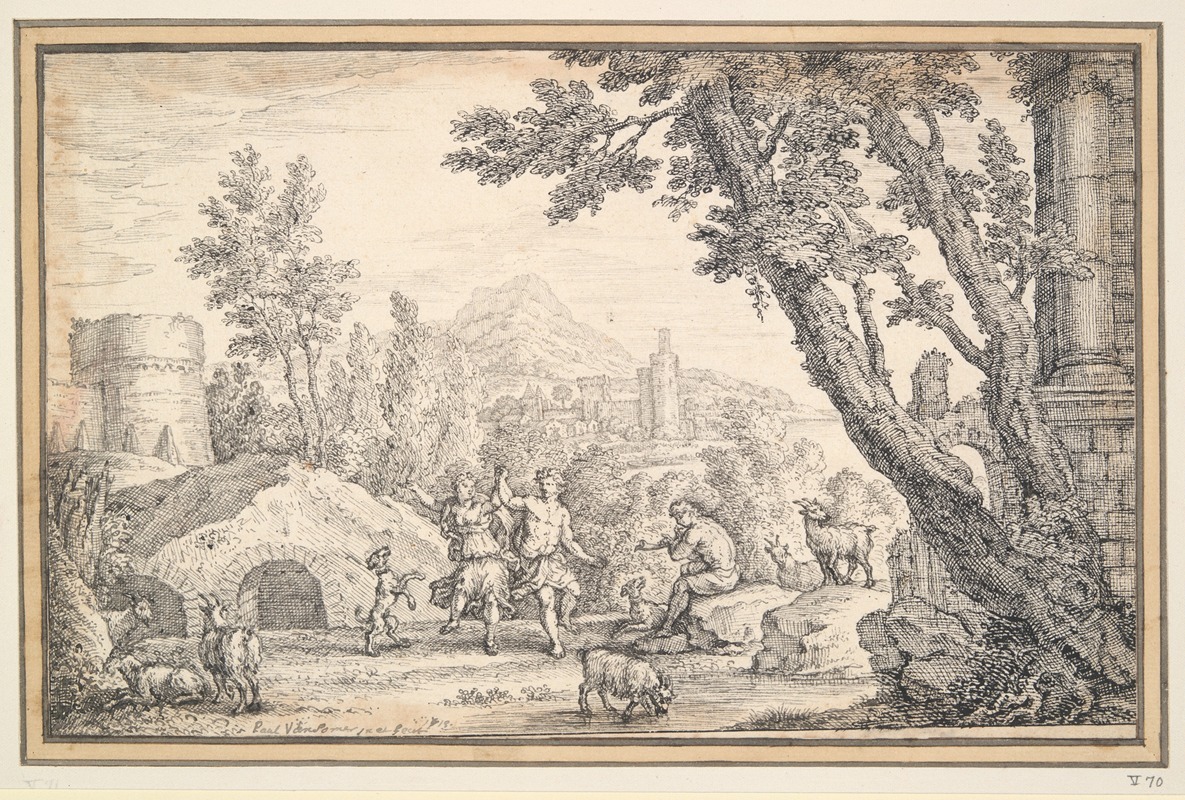 Sheperd’s Dancing in Classical Landscape by Пауль ван Сомер, 1713 — digital art print download
