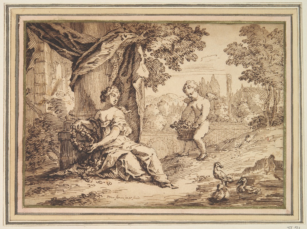 Women Seated beneath Pillar with Putto — Paul van Somer