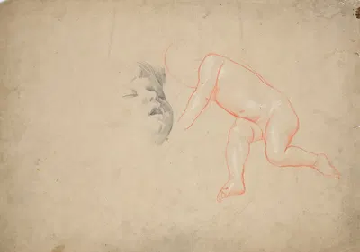 Studien eines Kleinkindes, eines Kleinkinderkopfes schlafend, eines Frauenkopfes by Franz von Matsch, 1882 — digital art…
