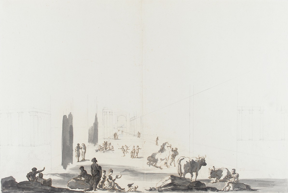Figures and Animals in Deep Architectural Setting by Гаэтано Гандольфи — digital art print download