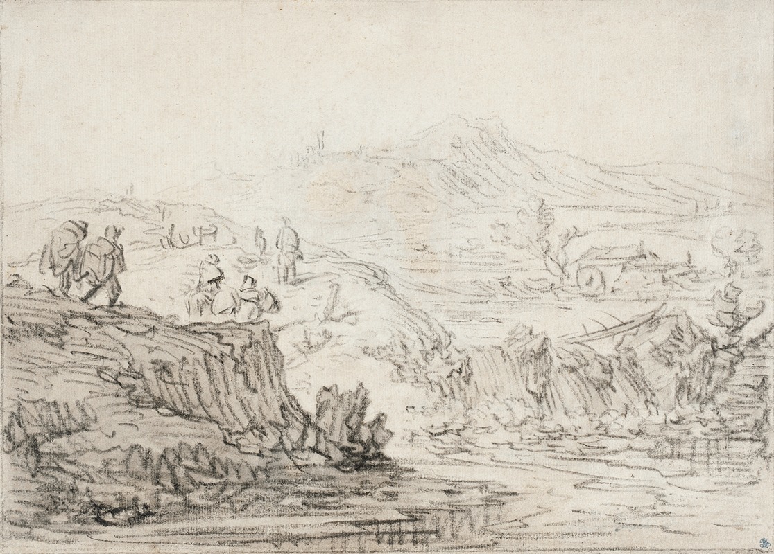 Hilly Landscape with Stream and Figures by Херман Сафлевен, 1609 - 1685 — digital art print download