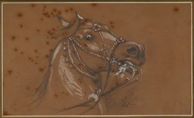Study of a harnessed horse head by Юлиуш Коссак — digital art print download