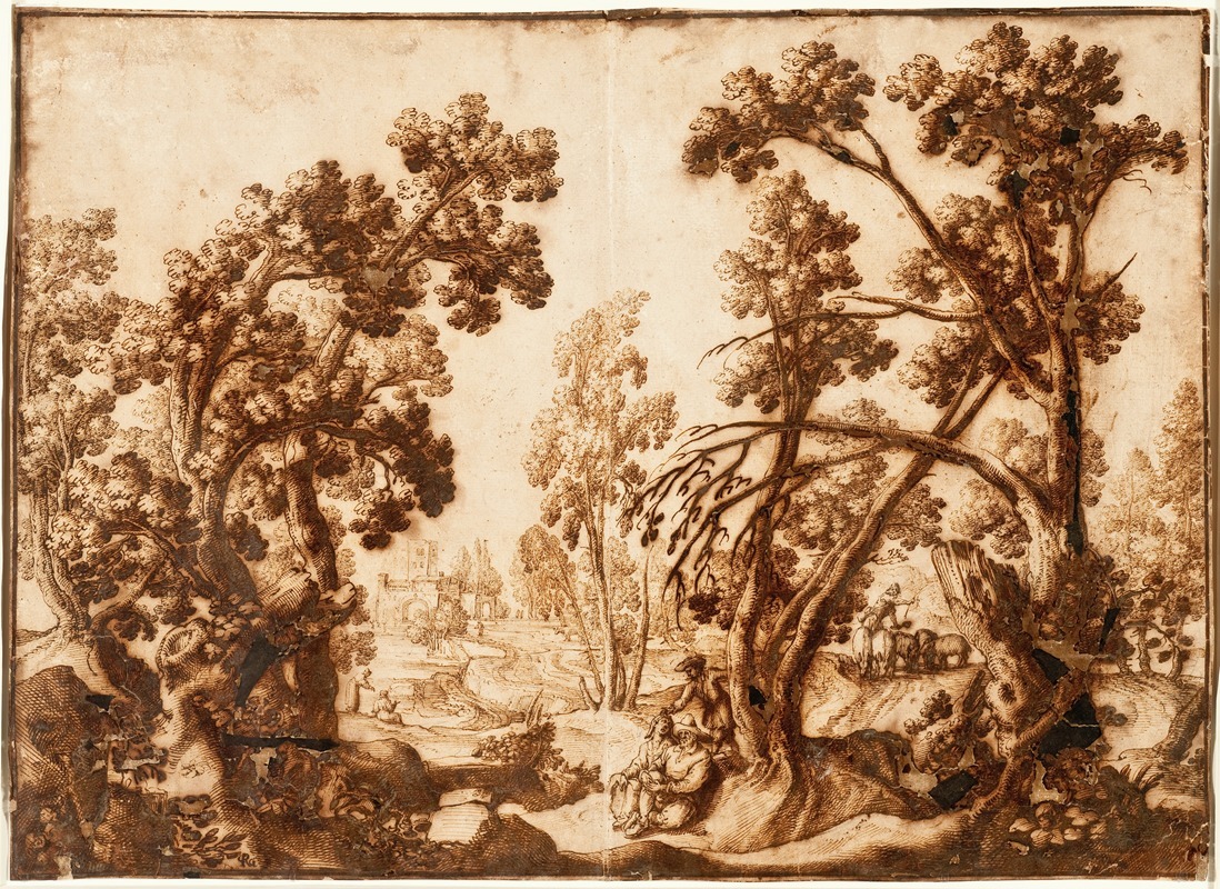 Landscape with Seated Figures in Foreground by Remigio Cantagallina — digital art print download