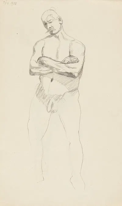 akt stojącego mężczyzny z założonymi rękoma by Adolf Sternschuss, 1908 — digital art print download