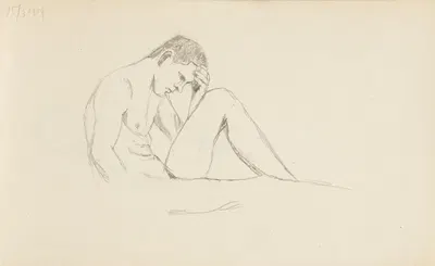 akt siedzącego mężczyzny podpierającego głowę lewą ręką by Adolf Sternschuss, 1909 — digital art print download