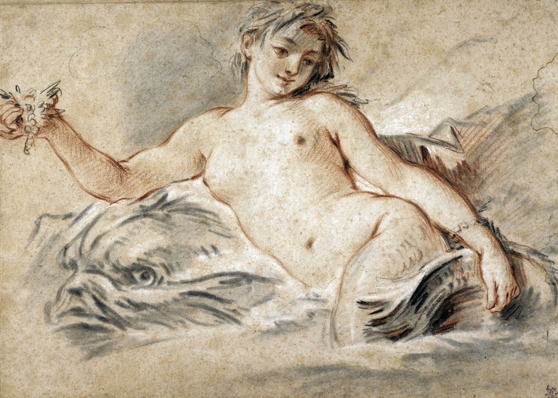 Sirène couchée sur un dauphin by Франсуа Буше, 1748 — digital art print download