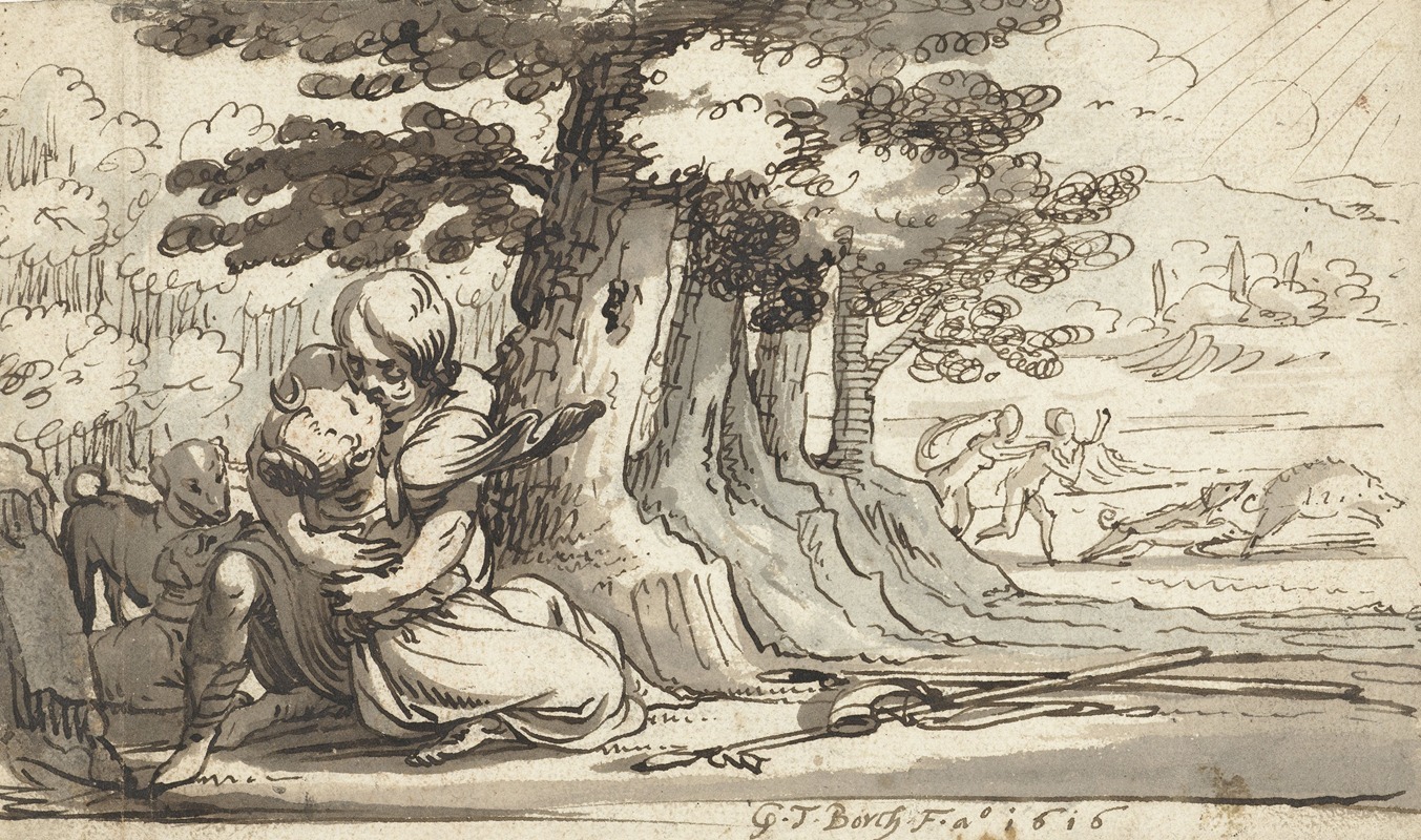 Venus en Adonis in een omhelzing verwikkeld — Gerard ter Borch