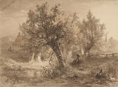Landschap met hengelaar onder wilgen by Мария Вос, 1866 — digital art print download