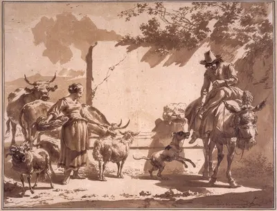 Muletier et bergère avec du bétail, près d'une fontaine (Lugt 6) by Nicolaes Pietersz. Berchem, 1657 — digital art print…