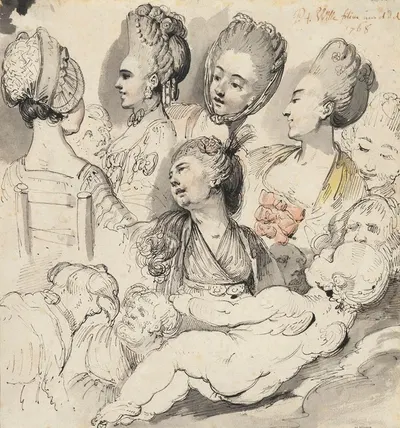 A group of elegantly coiffured ladies, Cupid, a dog and an old man in the foreground by Пьер Александр Вилле, 1768 —…