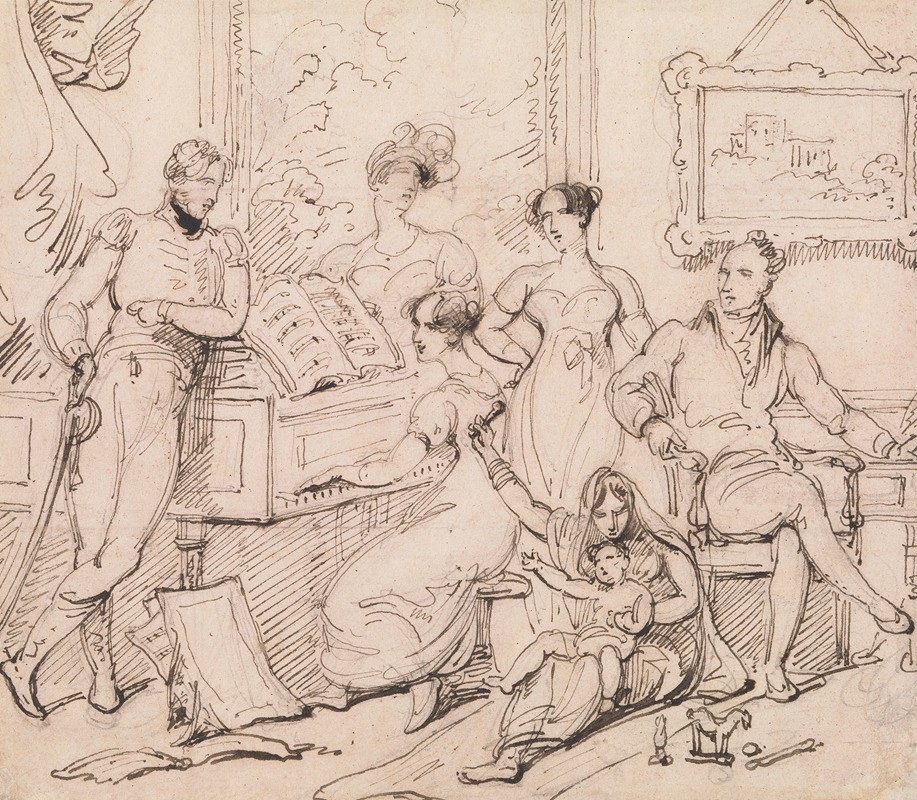 A Family Group Around a Piano — George Chinnery