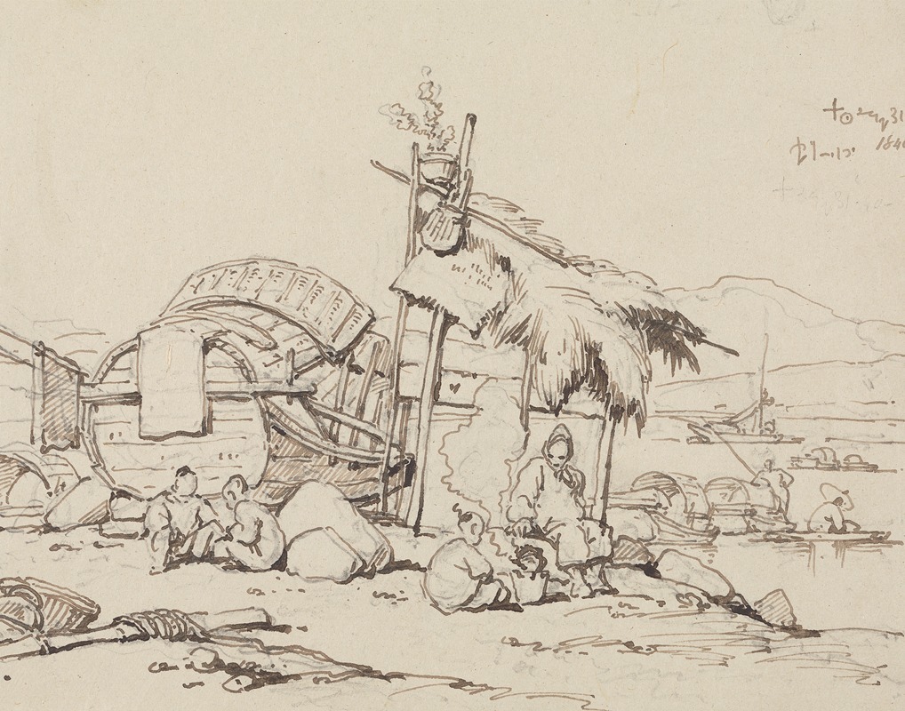 Old Man and Children Seated, Cooking — George Chinnery