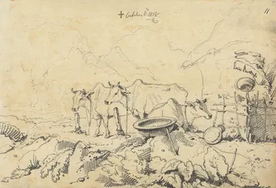 Three Cows Tethered by Джордж Чиннери, 1818 — digital art print download