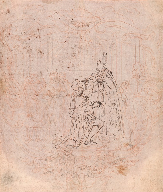 Design for a Frontispiece; A Bishop Conferring an Honor, Scene Within a Cartouche — Hubert-François Gravelot