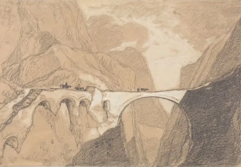 Travellers Crossing a Bridge over an Alpine Gorge — John Sell Cotman