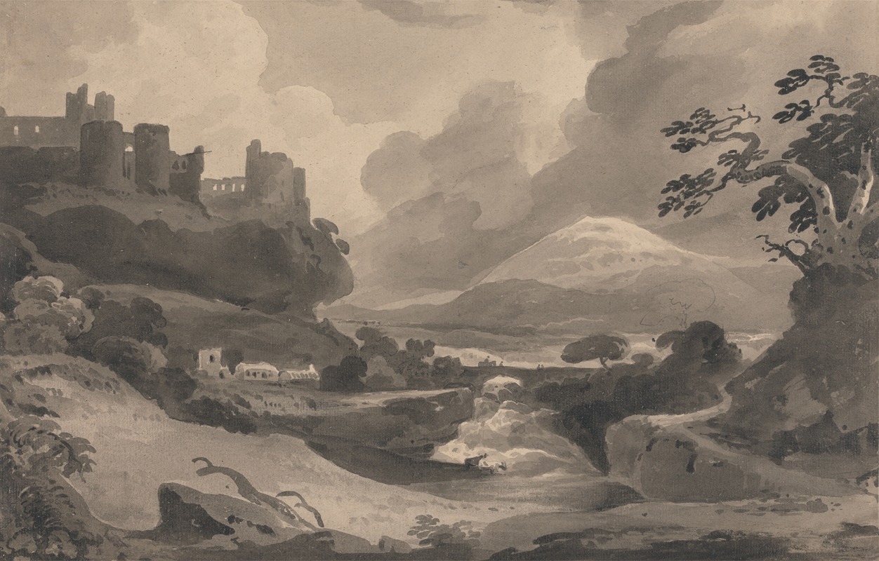 Mountain Landscape with Castle Ruins on a Cliff — John Varley