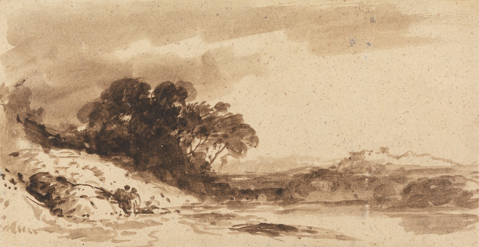 River Landscape with Two Figures, Lake and Distant Mountains by Джон Варли — digital art print download