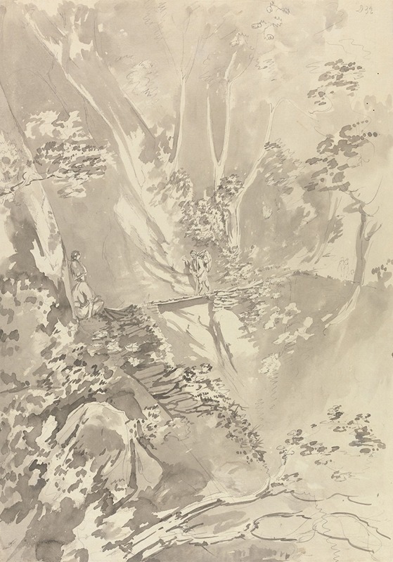 Figures crossing a bridge over a ravine by Самуэль Дэвис, 1783 — digital art print download