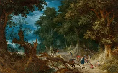Wooded Landscape with Hunters and Fortune Teller by Abraham Govaerts, 1612 — digital art print download