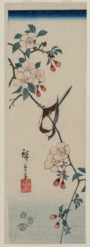 Small Bird (Swallow ?) on Cherry Branch by Утагава Хиросигэ, 1854 — digital art print download