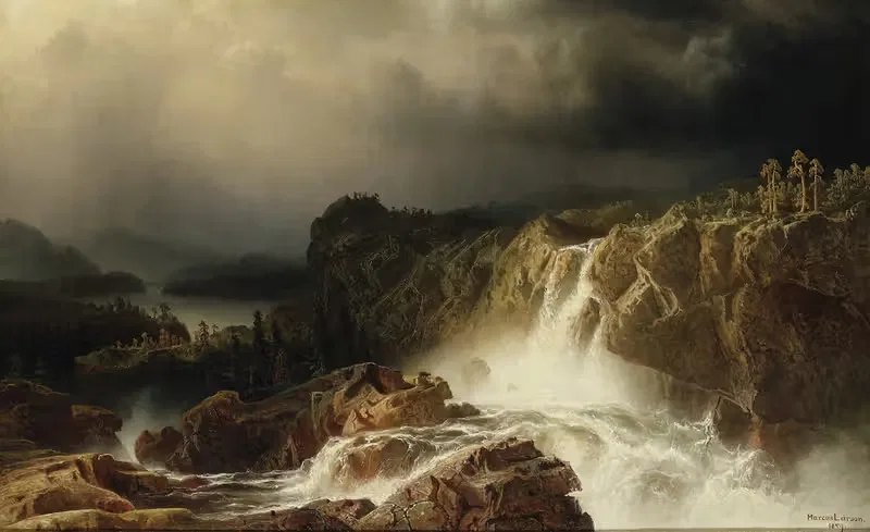 Скалистый пейзаж с водопадом by Маркус Ларсон, 1859 — digital art print download