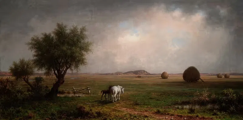 Кобыла и жеребёнок на болоте by Мартин Джонсон Хид, 1863 — digital art print download