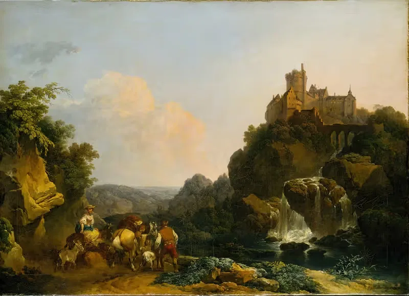Landscape with Waterfall, Castle and Peasants — Philip James de Loutherbourg