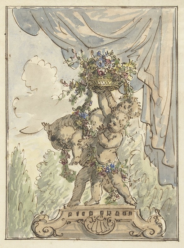 Drie putti met een bloemenmand by Элиас ван Неймеген, 1677 - 1755 — digital art print download