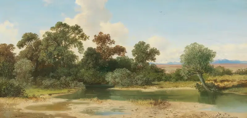 Open Landscape With The Alpine Foothills And Stream — Albert Zimmermann
