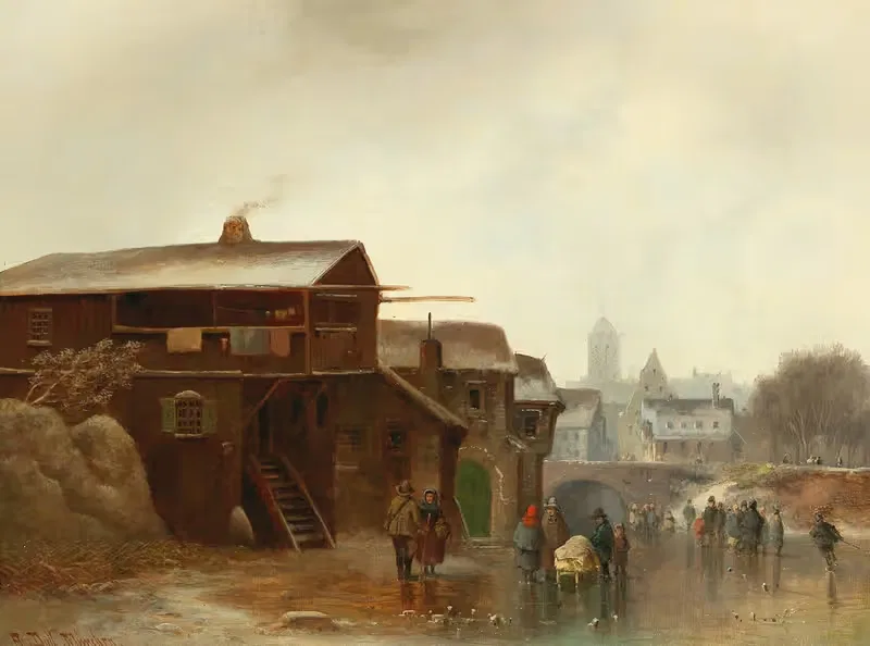 Winter Amusements With A Town In The Background — Anton Doll