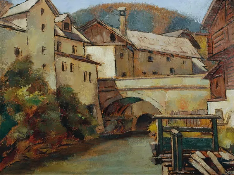 Ansicht Einer Stadt Mit Fluss Und Brücke — Anton Hula