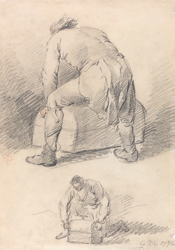 A Man Lifting a Trunk, Two studies on one sheet by Джордж Морланд, 1792 — digital art print download