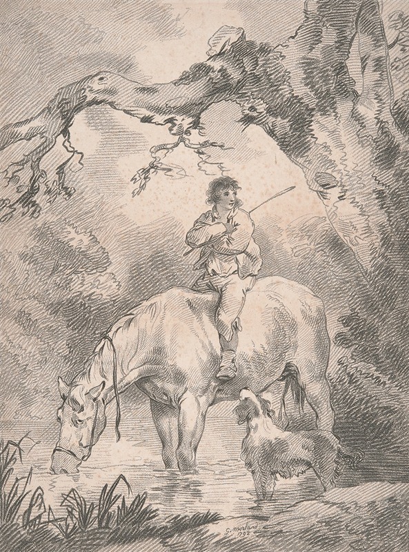 Lad astride a horse in a stream — George Morland