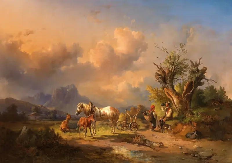 A Peasant Resting With Grazing Animals And A Foal — Edmund Mahlknecht